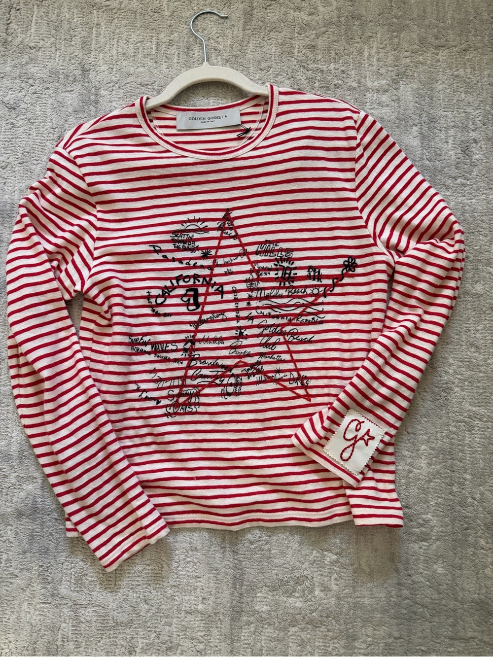 Golden Goose Red and White Striped Crewneck Tee with Graphic